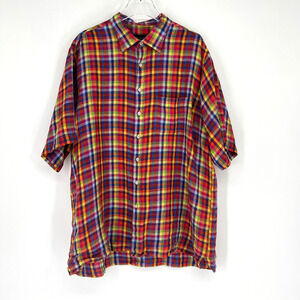 Scott Barber Shirt‎ Mens XL Linen Plaid Rainbow Colorful Plaid Lightweight